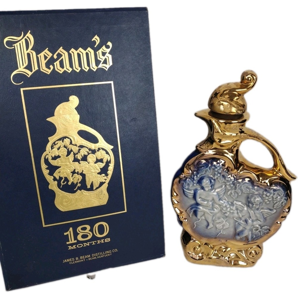 VTG 70's JIM BEAM Decanter Cherubs Weeping Gold/Blue Regal USA Made W Box Decor